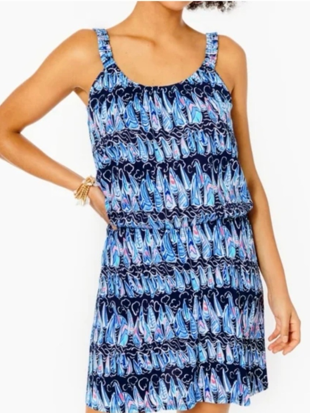 Lilly Pulitzer Loro Romper Sailboat Print Navy Blue Smocked Waist Size S